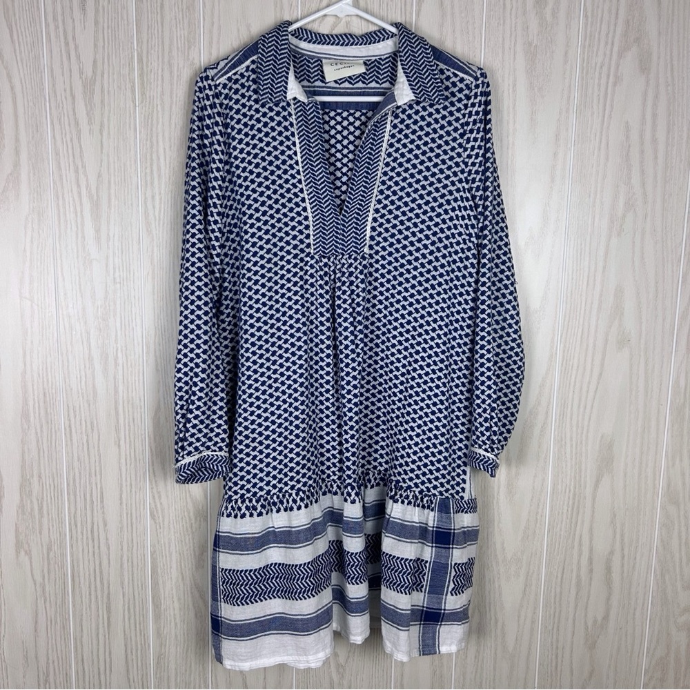Cecilie Copenhagan Women's Lynette Blue and White Cotton Long Sleeve Dress, S